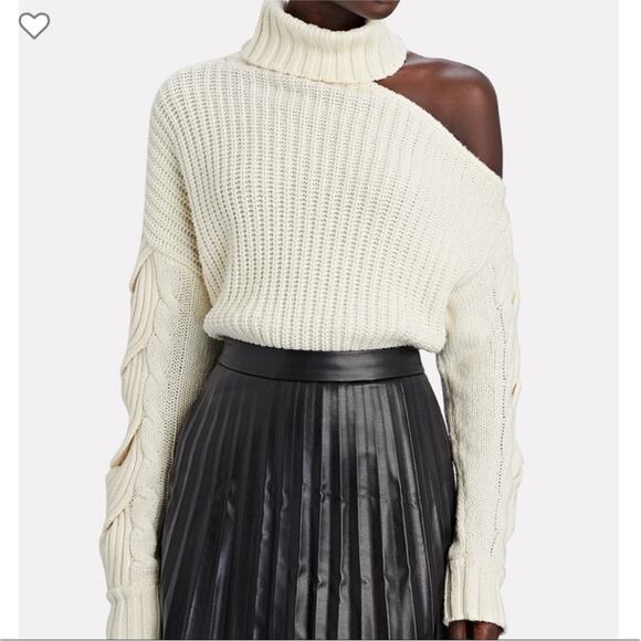 Jonathan Simkhai Aubrey Cable Knit Cold‑Shoulder Sweater Ivory Cream Turtleneck - Picture 3 of 15
